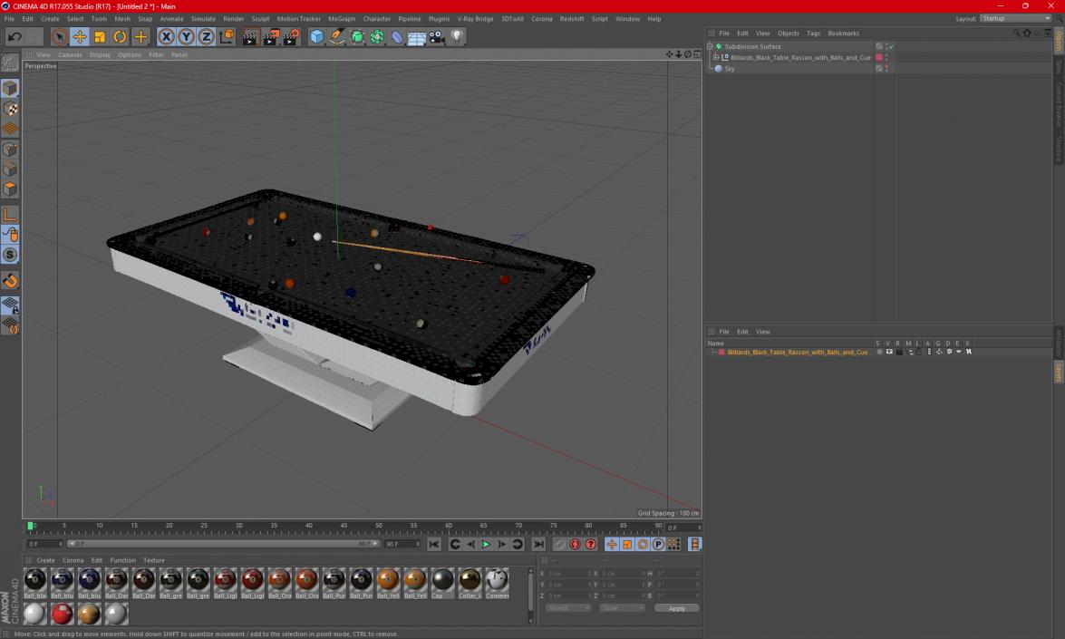Billiards Black Table Rasson with Balls and Cue 3D