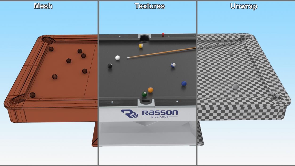 Billiards Black Table Rasson with Balls and Cue 3D