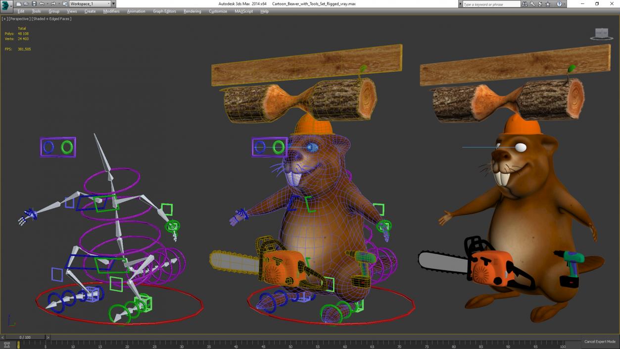 3D Cartoon Beaver with Tools Set Rigged