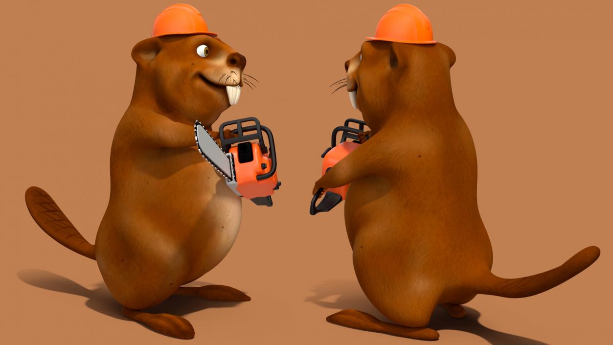 3D Cartoon Beaver with Tools Set Rigged