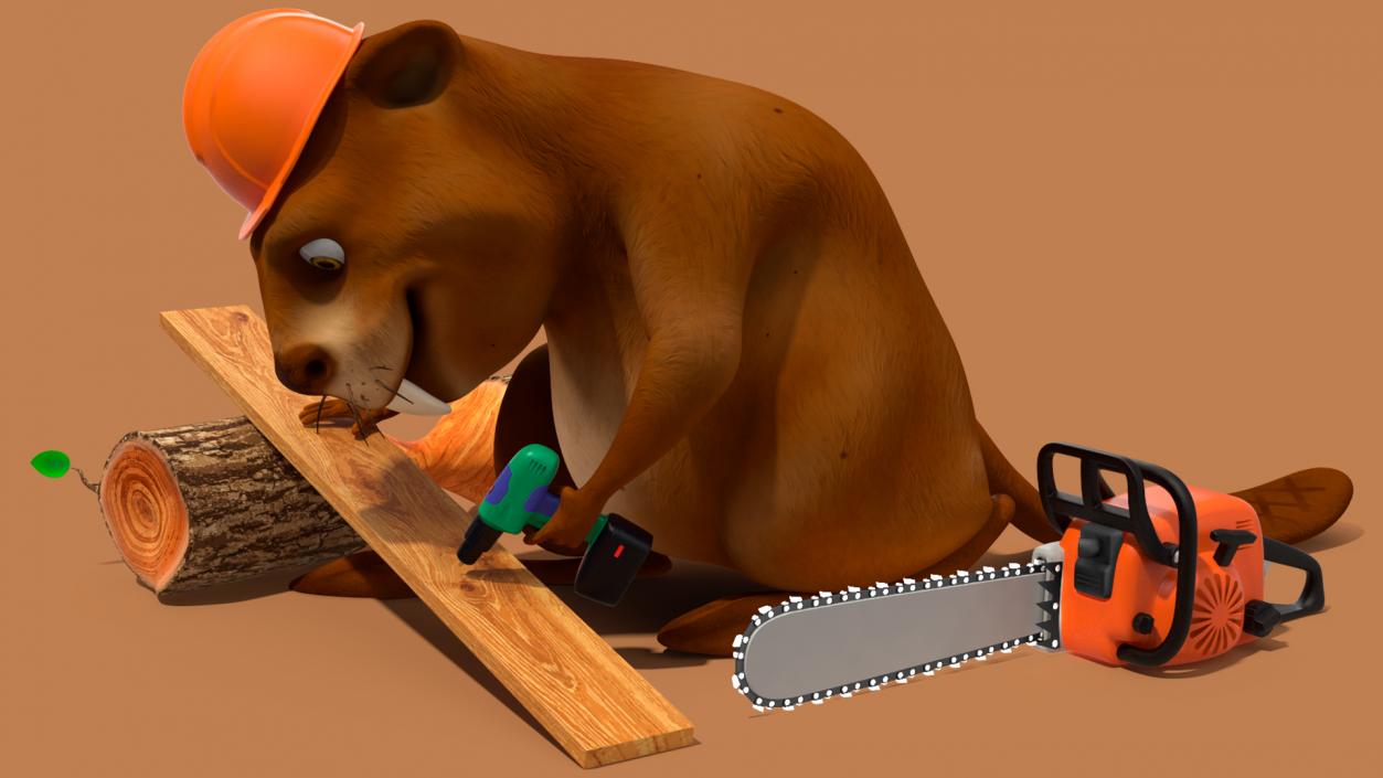 3D Cartoon Beaver with Tools Set Rigged