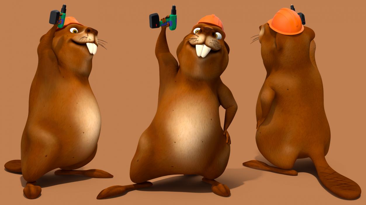 3D Cartoon Beaver with Tools Set Rigged