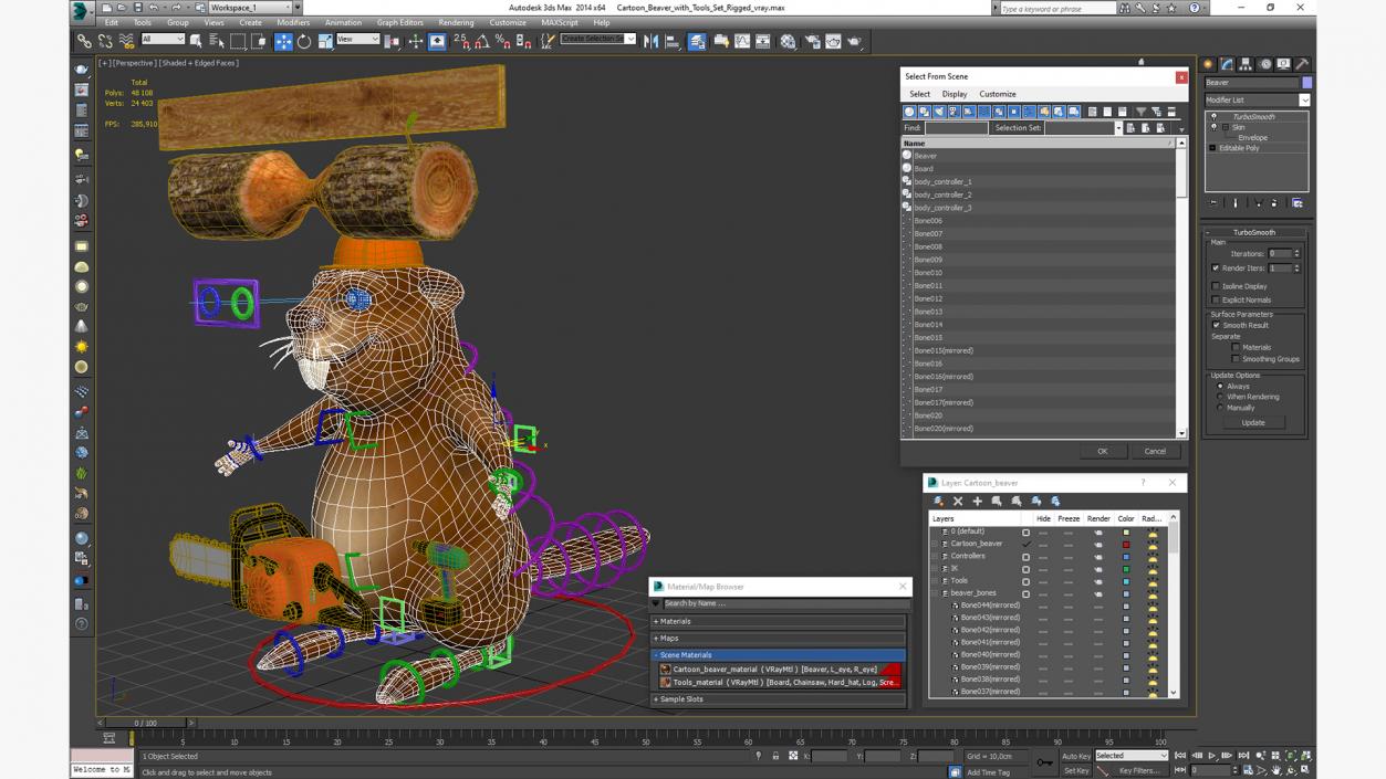 3D Cartoon Beaver with Tools Set Rigged