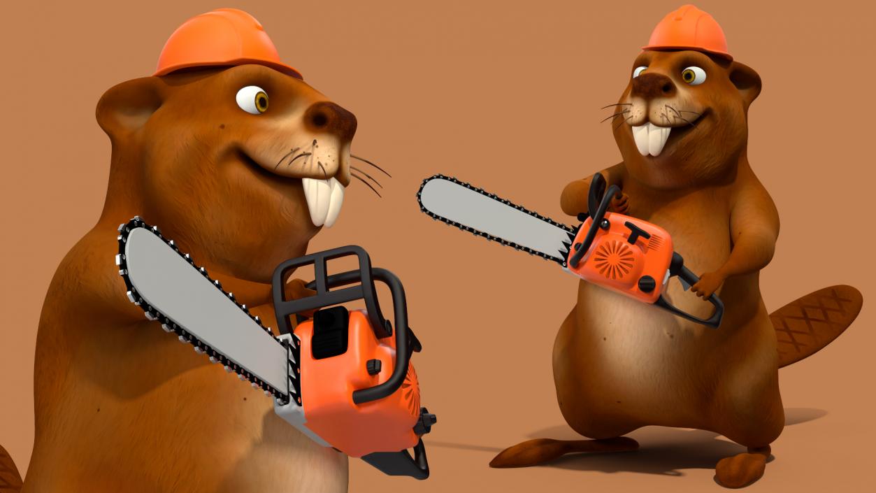 3D Cartoon Beaver with Tools Set Rigged