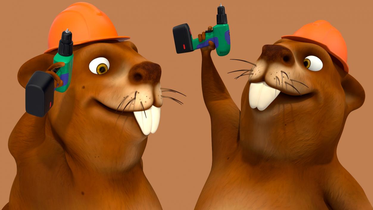 3D Cartoon Beaver with Tools Set Rigged