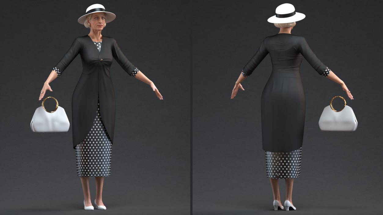 Old Lady wearing Casual Party Dress Rigged 3D