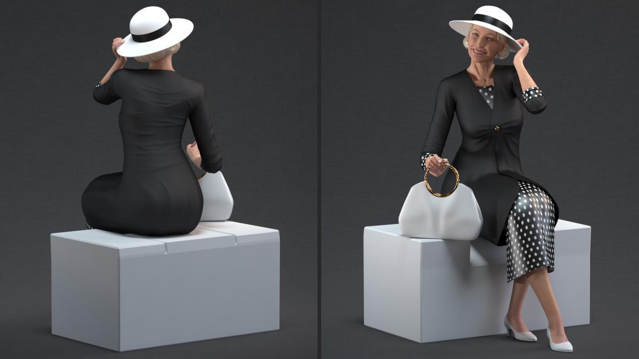 Old Lady wearing Casual Party Dress Rigged 3D