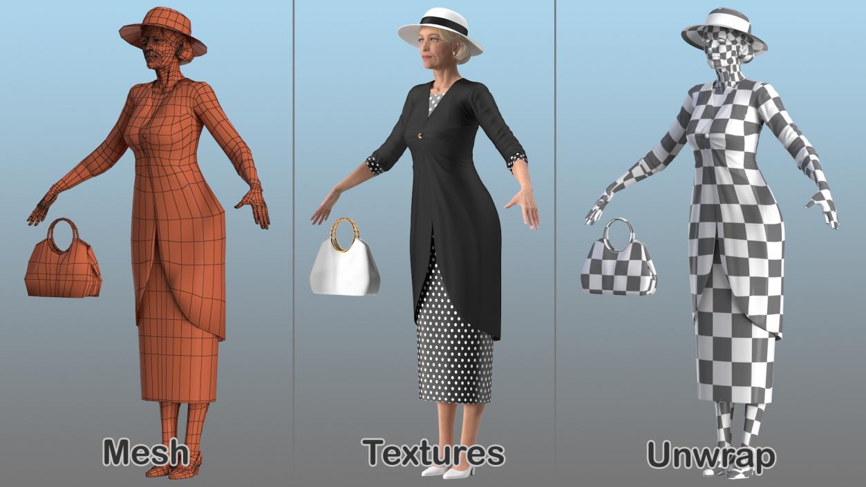 Old Lady wearing Casual Party Dress Rigged 3D