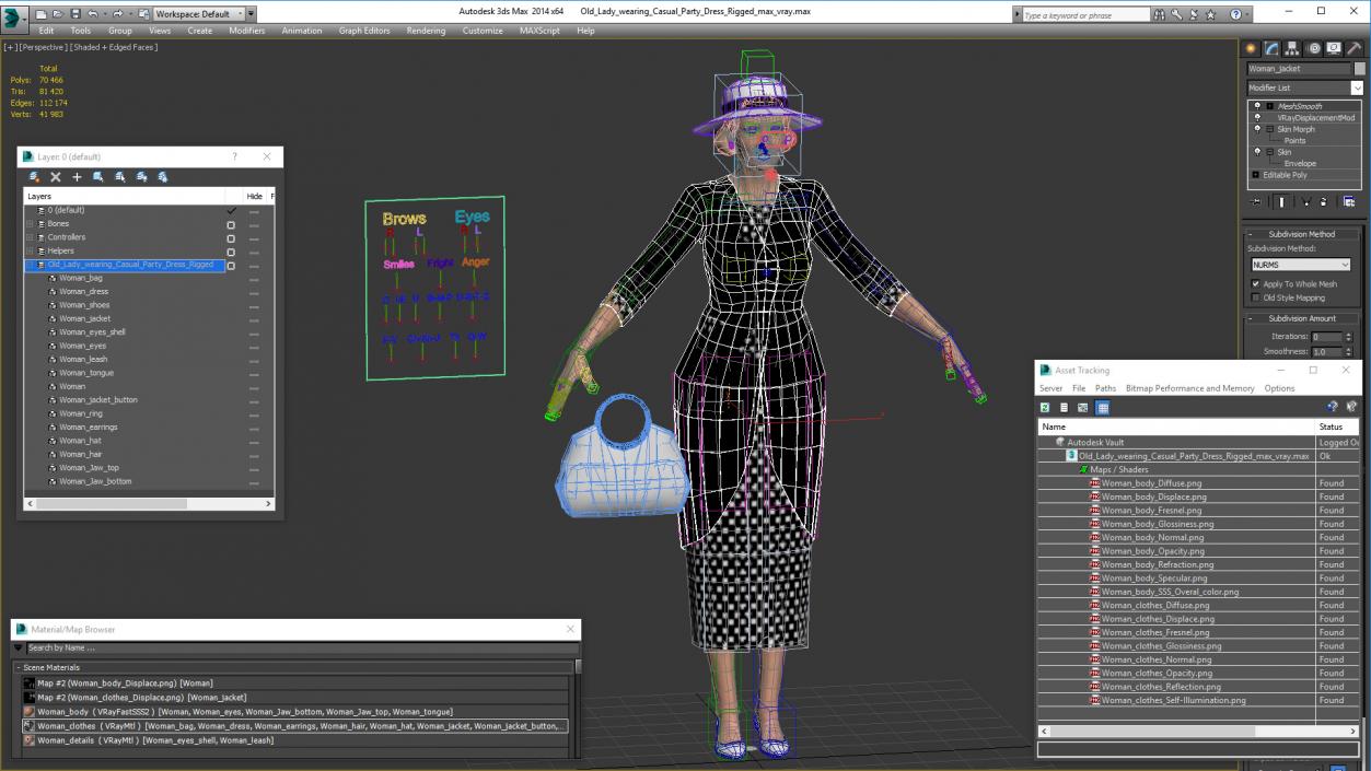 Old Lady wearing Casual Party Dress Rigged 3D