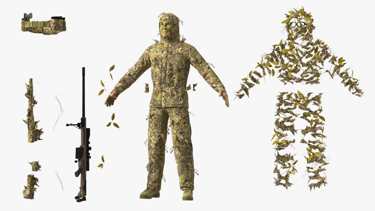 3D Sniper in Ghillie Suit Rigged for Maya model