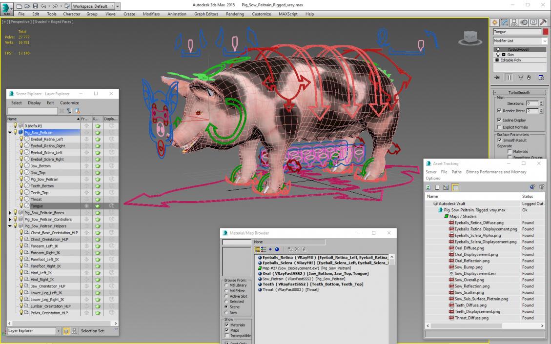 3D Pig Sow Peitrain Rigged model