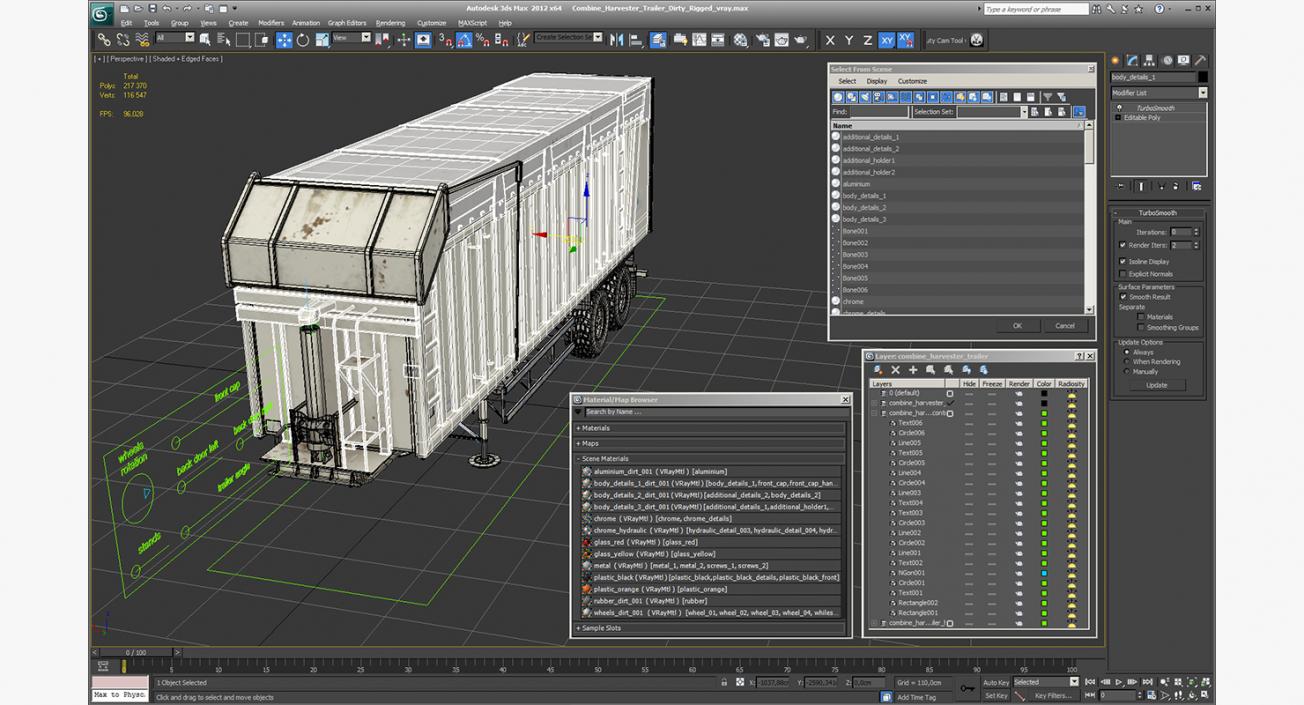 3D Combine Harvester Trailer Dirty Rigged model