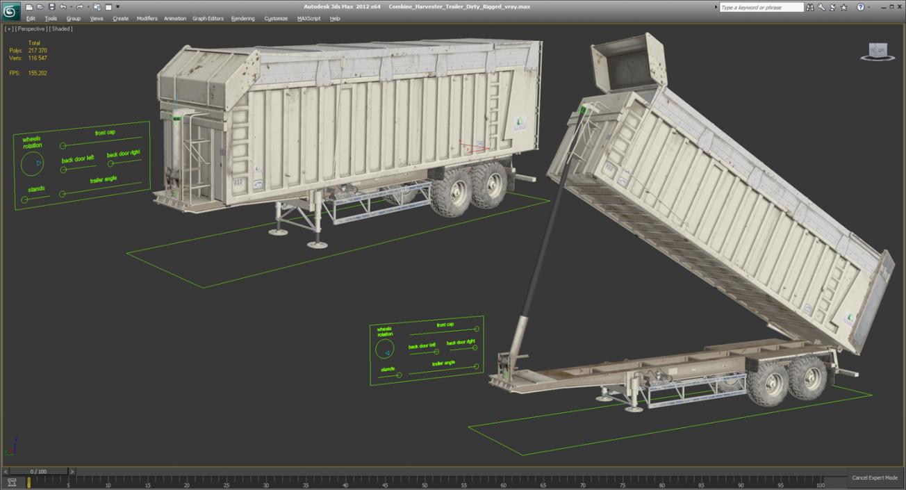 3D Combine Harvester Trailer Dirty Rigged model