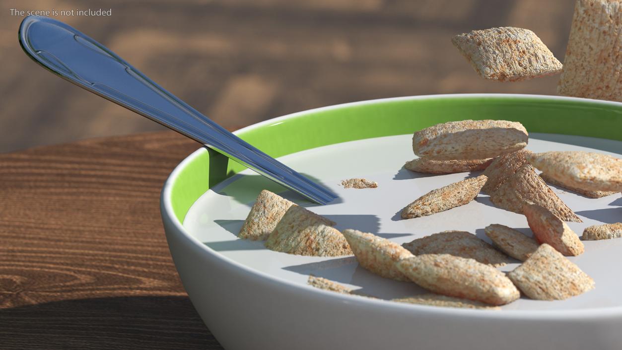 Breakfast Cereal Pads Falling in Bowl with Milk 3D