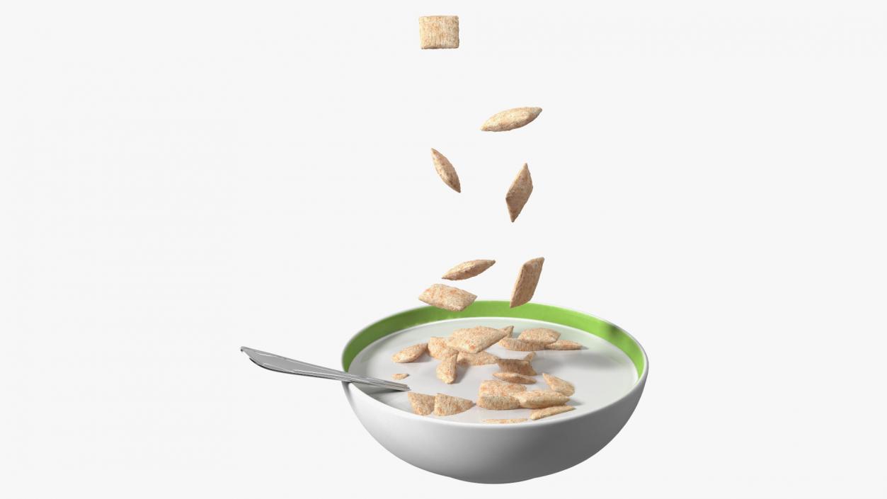 Breakfast Cereal Pads Falling in Bowl with Milk 3D