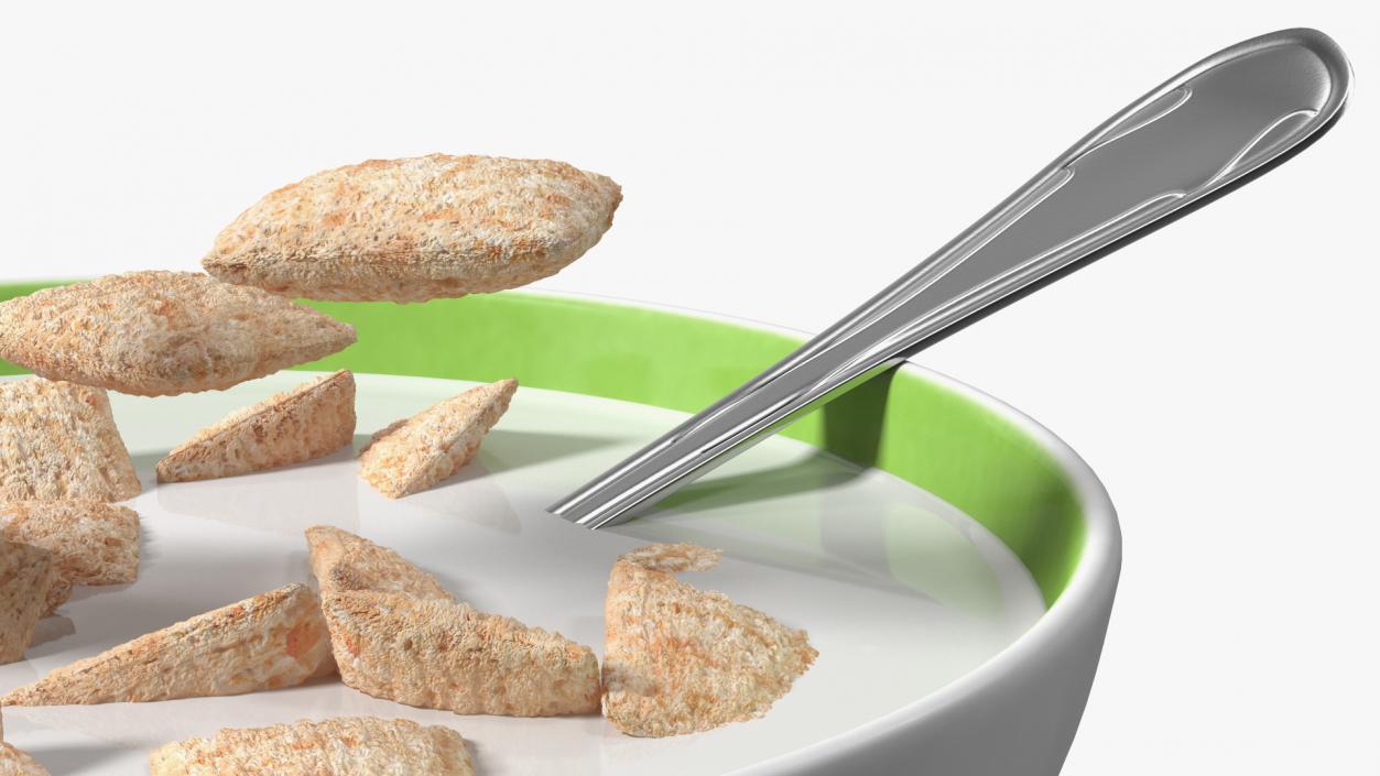 Breakfast Cereal Pads Falling in Bowl with Milk 3D