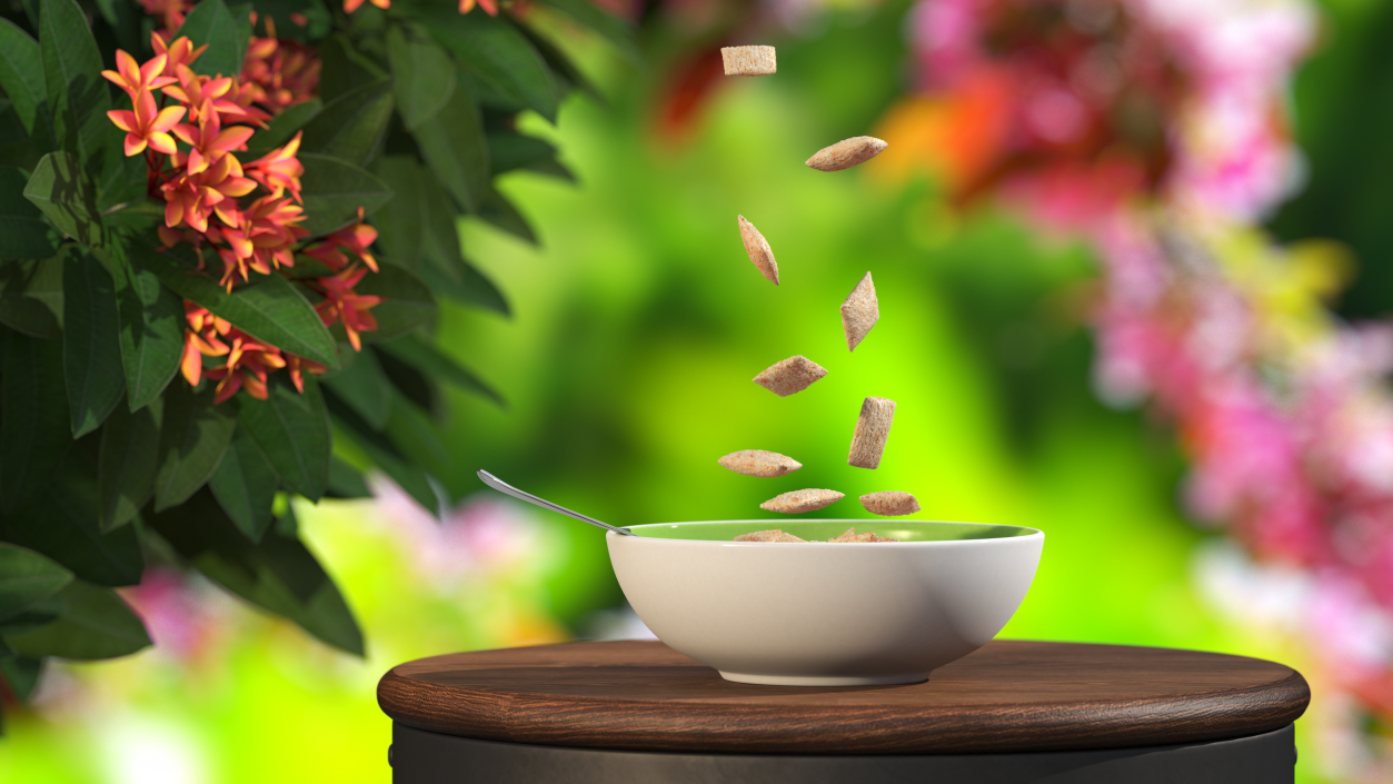 Breakfast Cereal Pads Falling in Bowl with Milk 3D