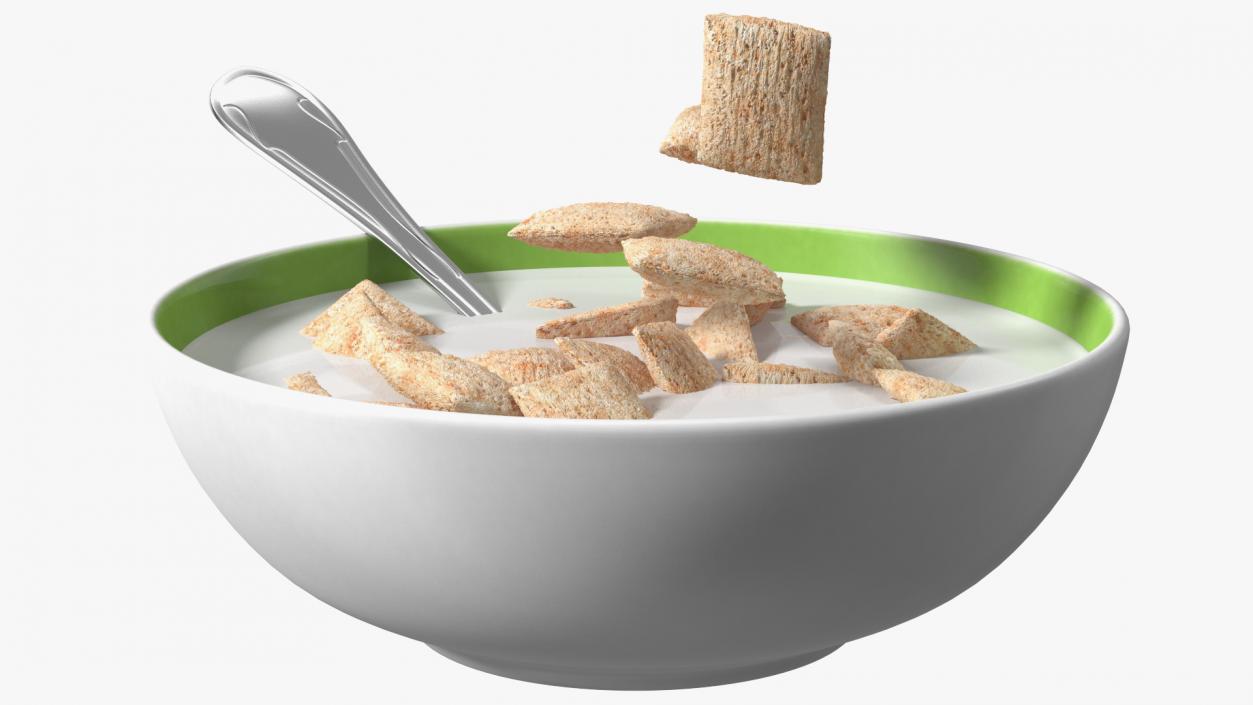 Breakfast Cereal Pads Falling in Bowl with Milk 3D