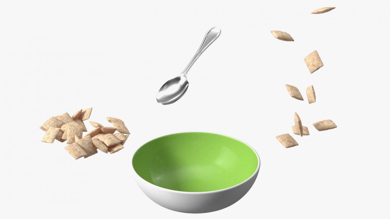 Breakfast Cereal Pads Falling in Bowl with Milk 3D