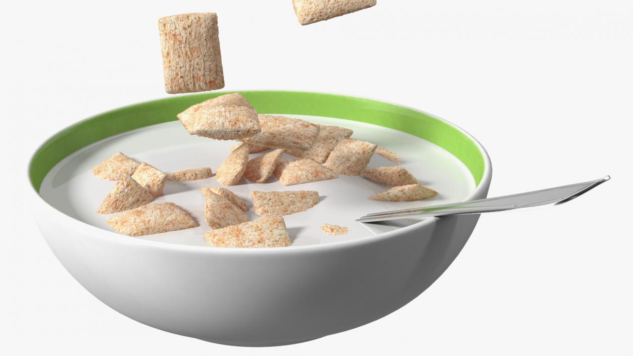 Breakfast Cereal Pads Falling in Bowl with Milk 3D