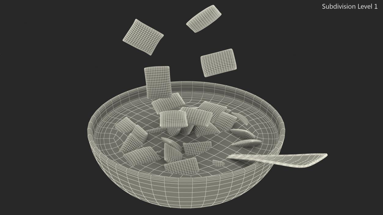 Breakfast Cereal Pads Falling in Bowl with Milk 3D