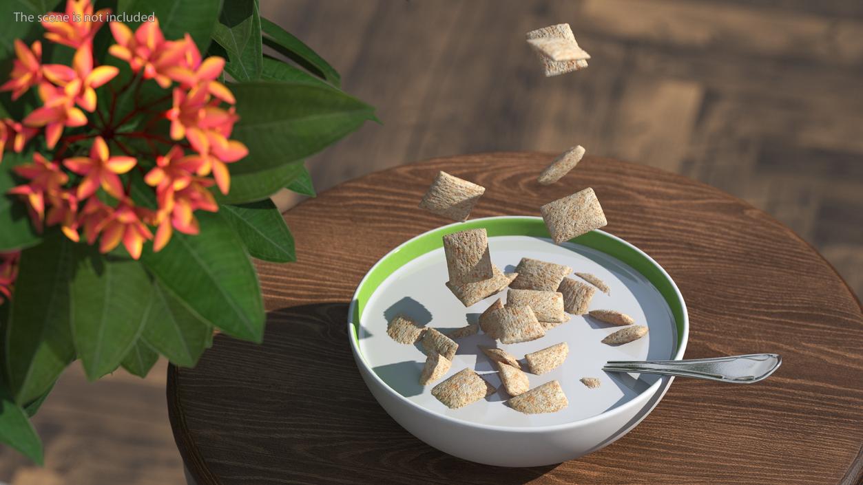 Breakfast Cereal Pads Falling in Bowl with Milk 3D