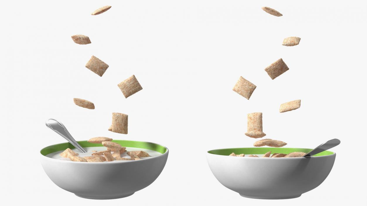 Breakfast Cereal Pads Falling in Bowl with Milk 3D