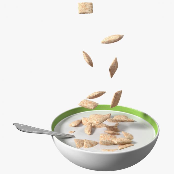 Breakfast Cereal Pads Falling in Bowl with Milk 3D