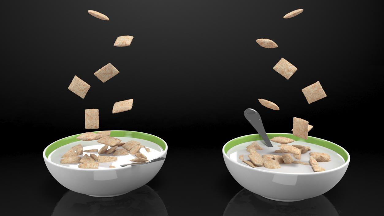 Breakfast Cereal Pads Falling in Bowl with Milk 3D