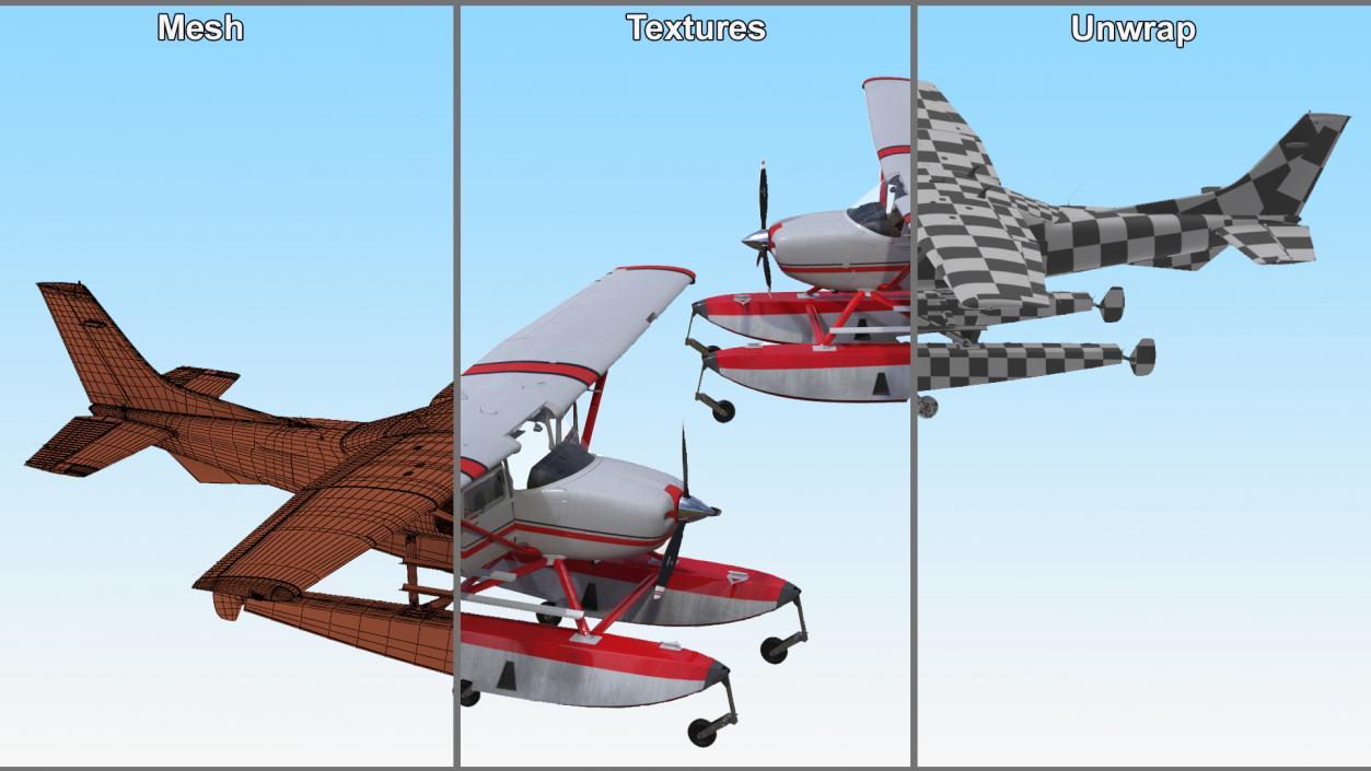 3D Seaplane Cessna 182 with Floats Rigged model