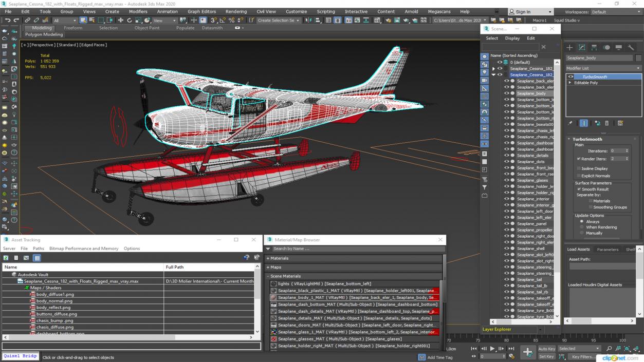 3D Seaplane Cessna 182 with Floats Rigged model