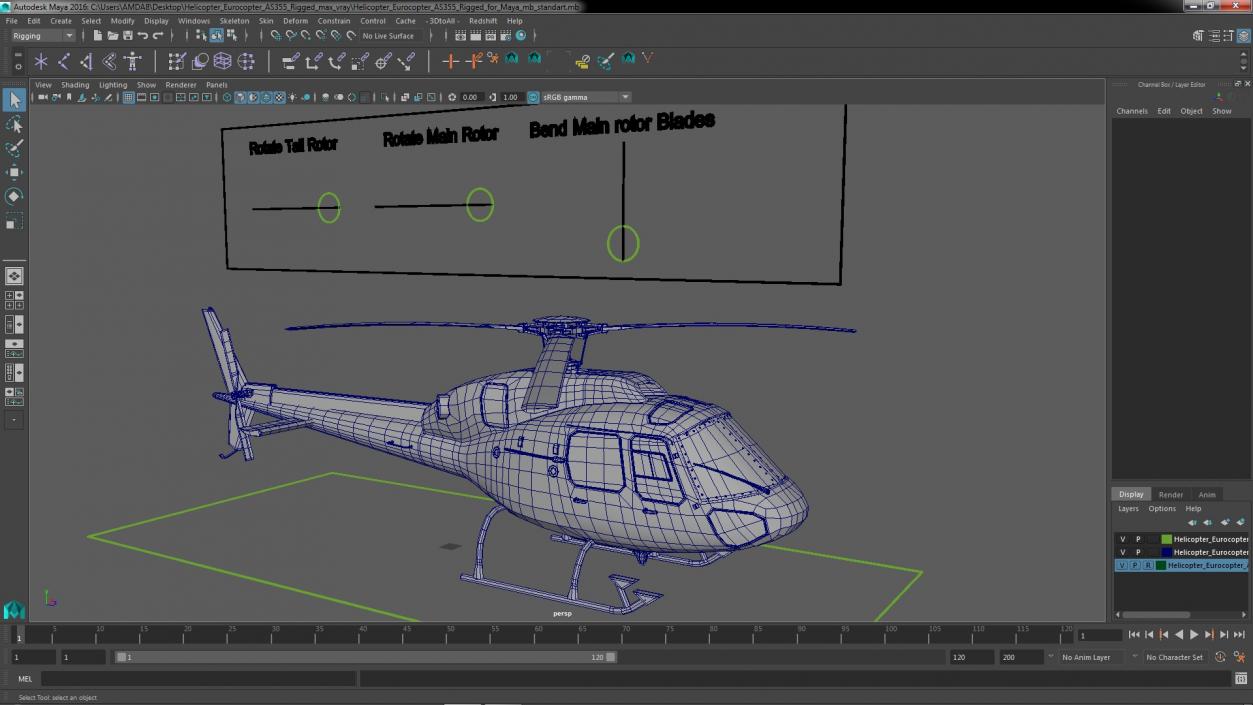 3D Helicopter Eurocopter AS355 Rigged for Maya model