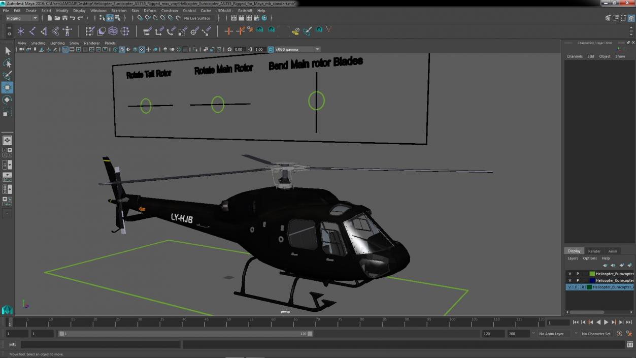 3D Helicopter Eurocopter AS355 Rigged for Maya model