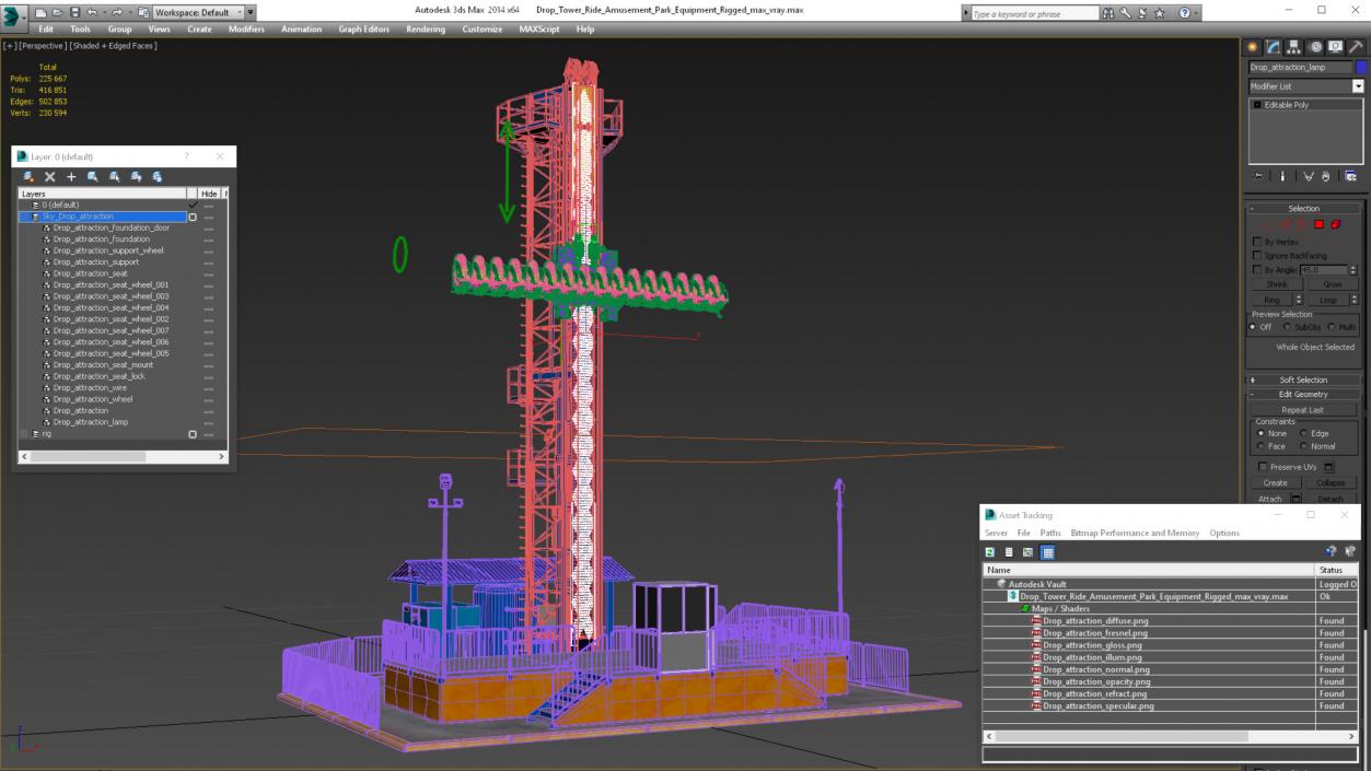 Drop Tower Ride Amusement Park Equipment Rigged 3D