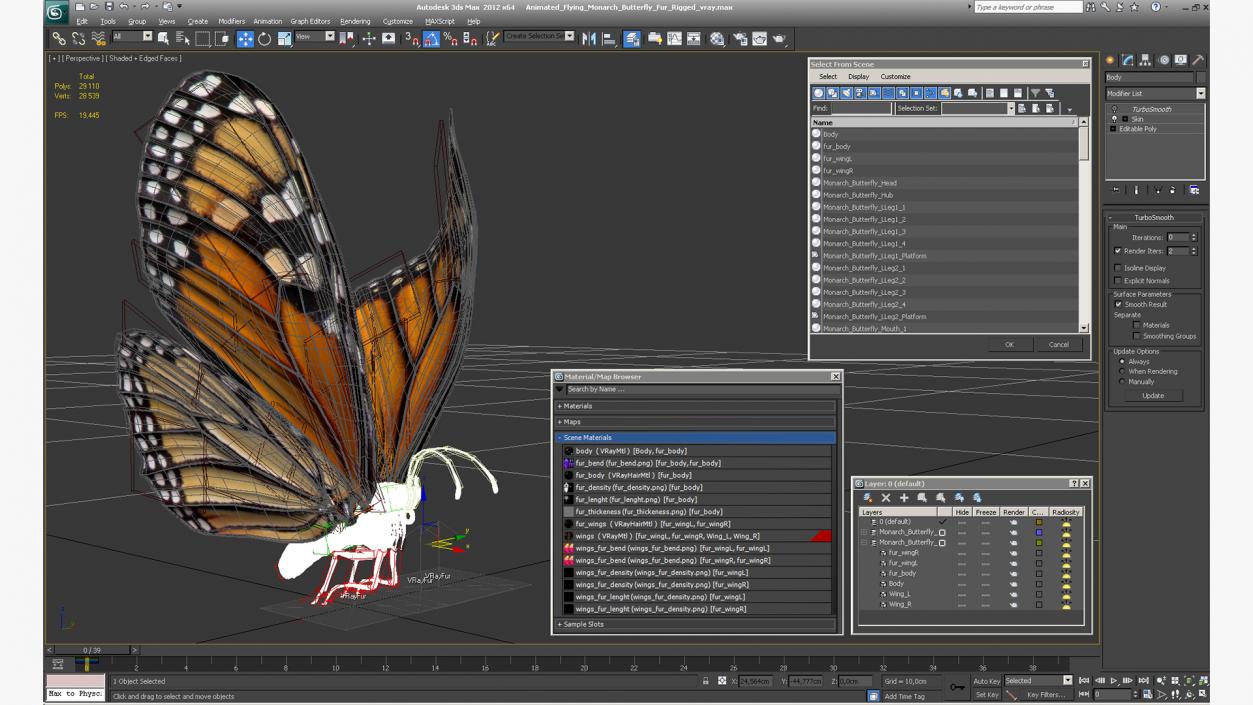 Animated Flying Monarch Butterfly Fur Rigged 3D model