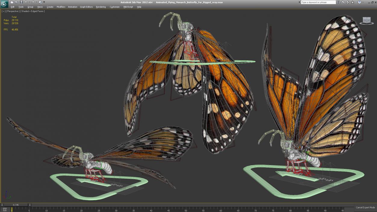 Animated Flying Monarch Butterfly Fur Rigged 3D model