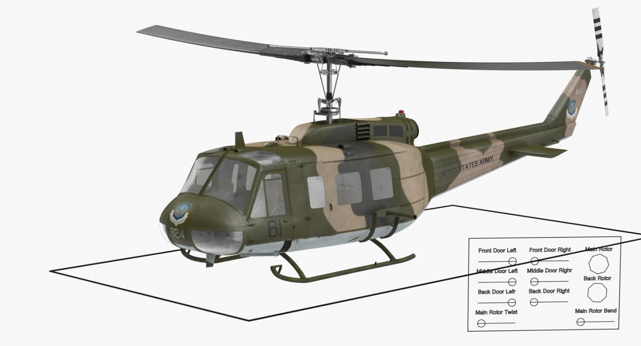 3D model Bell UH-1 Iroquois Camo Rigged