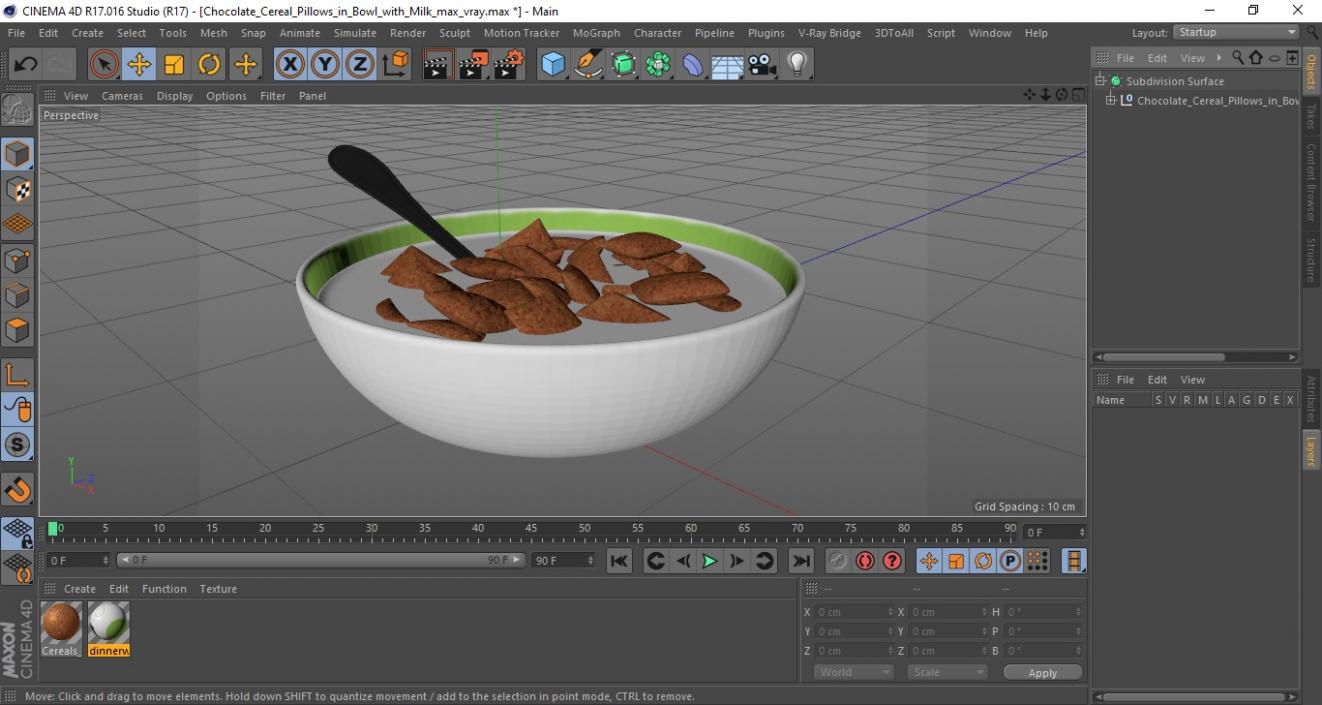 Chocolate Cereal Pillows in Bowl with Milk 3D