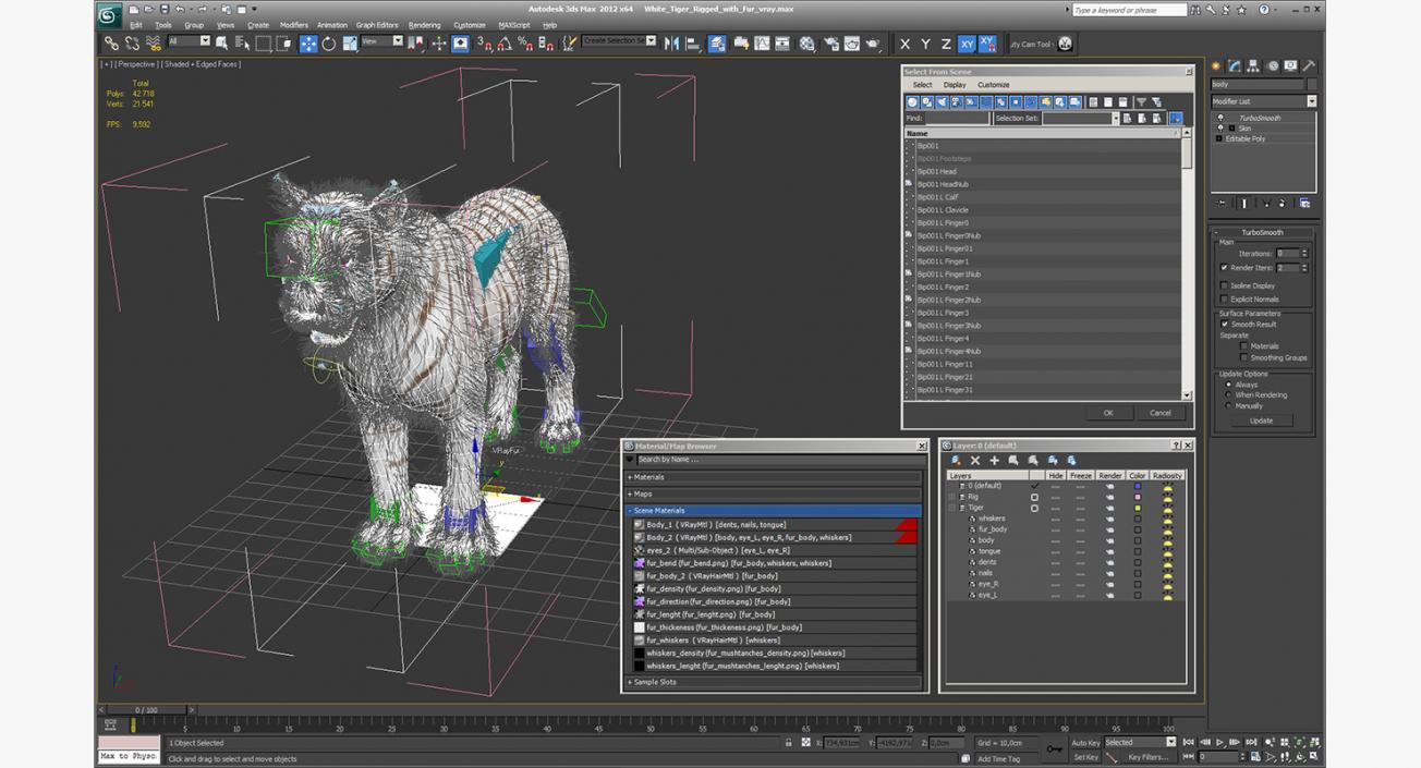 White Tiger Rigged with Fur 3D