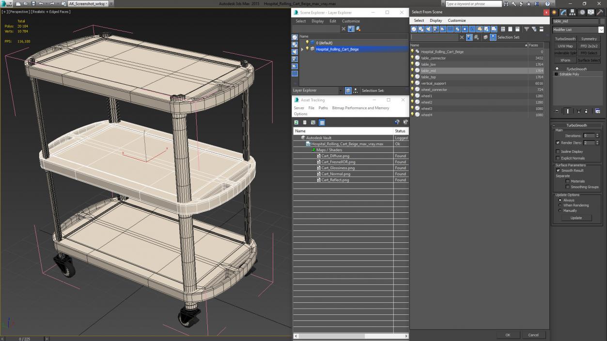 Hospital Rolling Cart Beige 3D