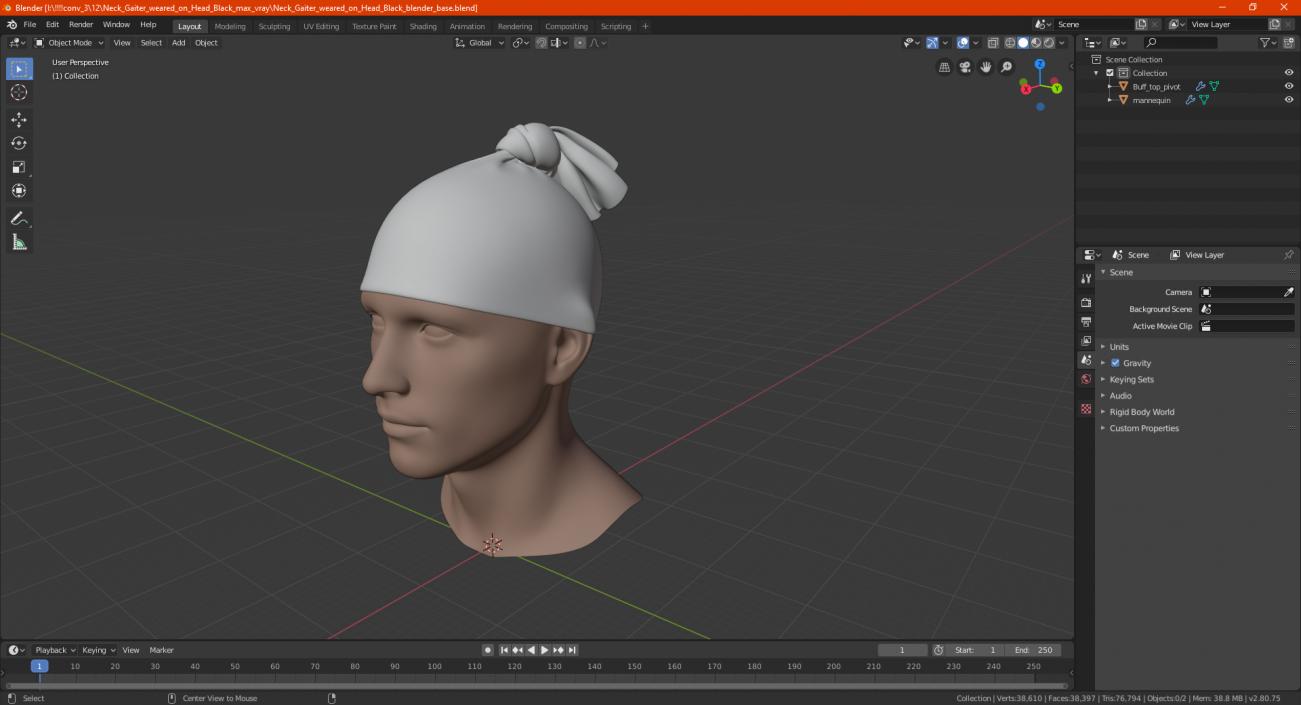 3D model Neck Gaiter Worn on Head Black