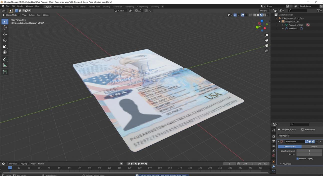 USA Passport Open Page 3D