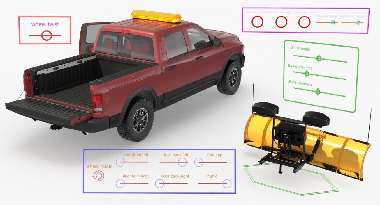 3D Pickup with Snow Plow Rigged model