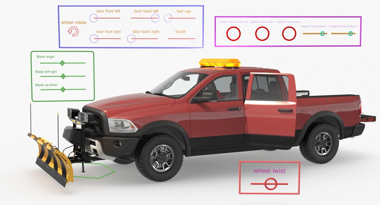 3D Pickup with Snow Plow Rigged model