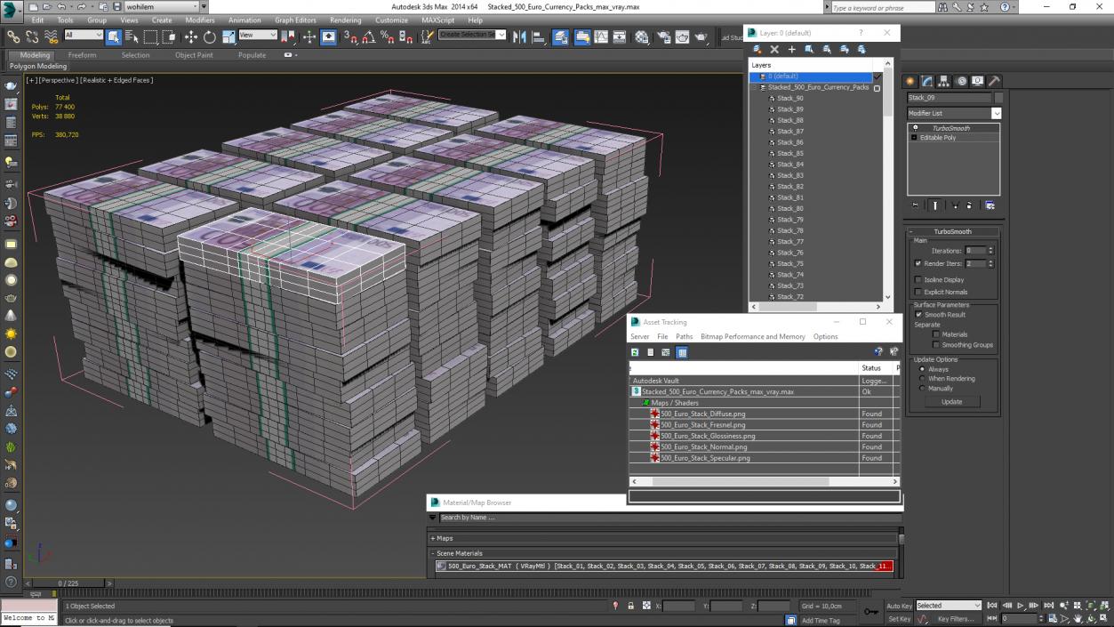 3D Stacked 500 Euro Currency Packs 2 model