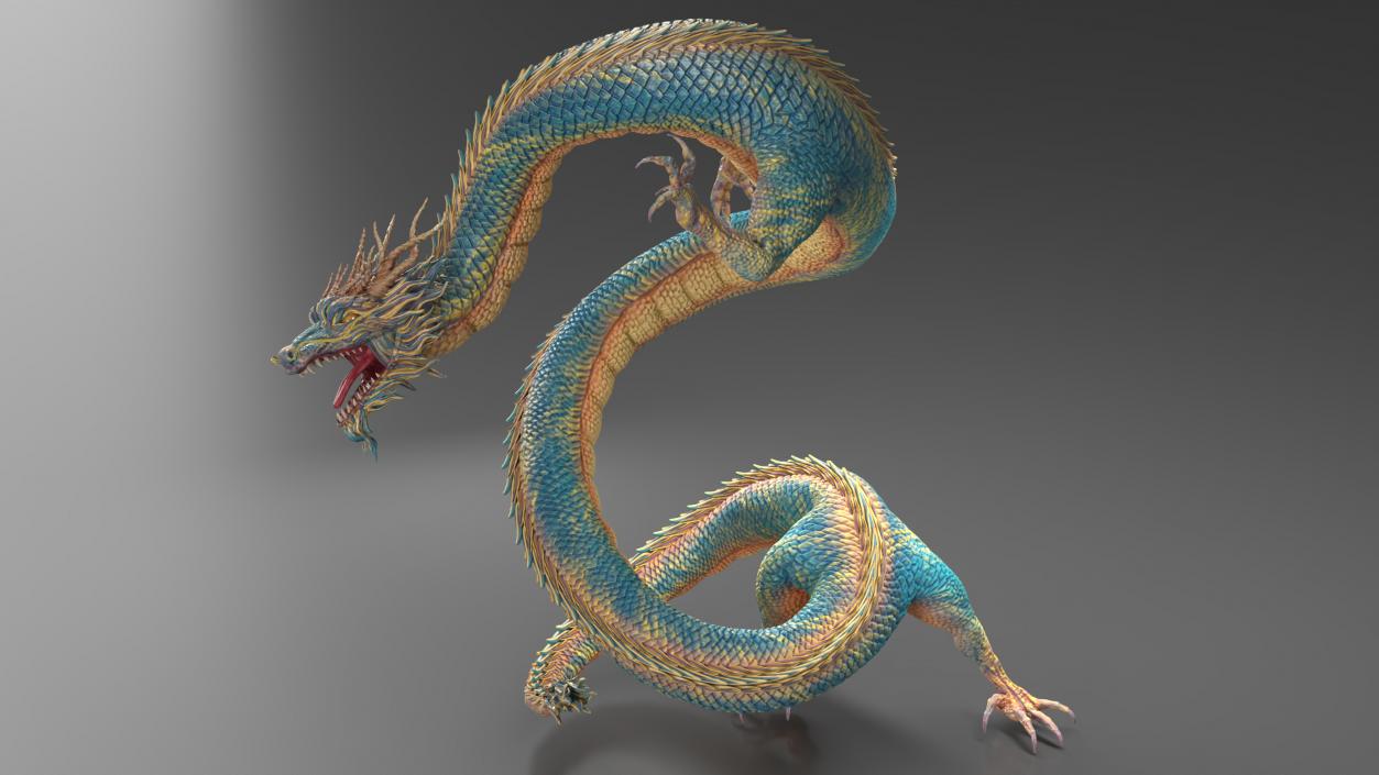 Asian Mythical Serpent Dragon Blue Rigged for Cinema 4D 2 3D