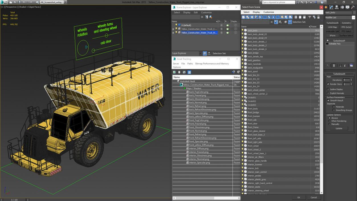 Yellow Construction Water Truck Rigged for Maya 3D