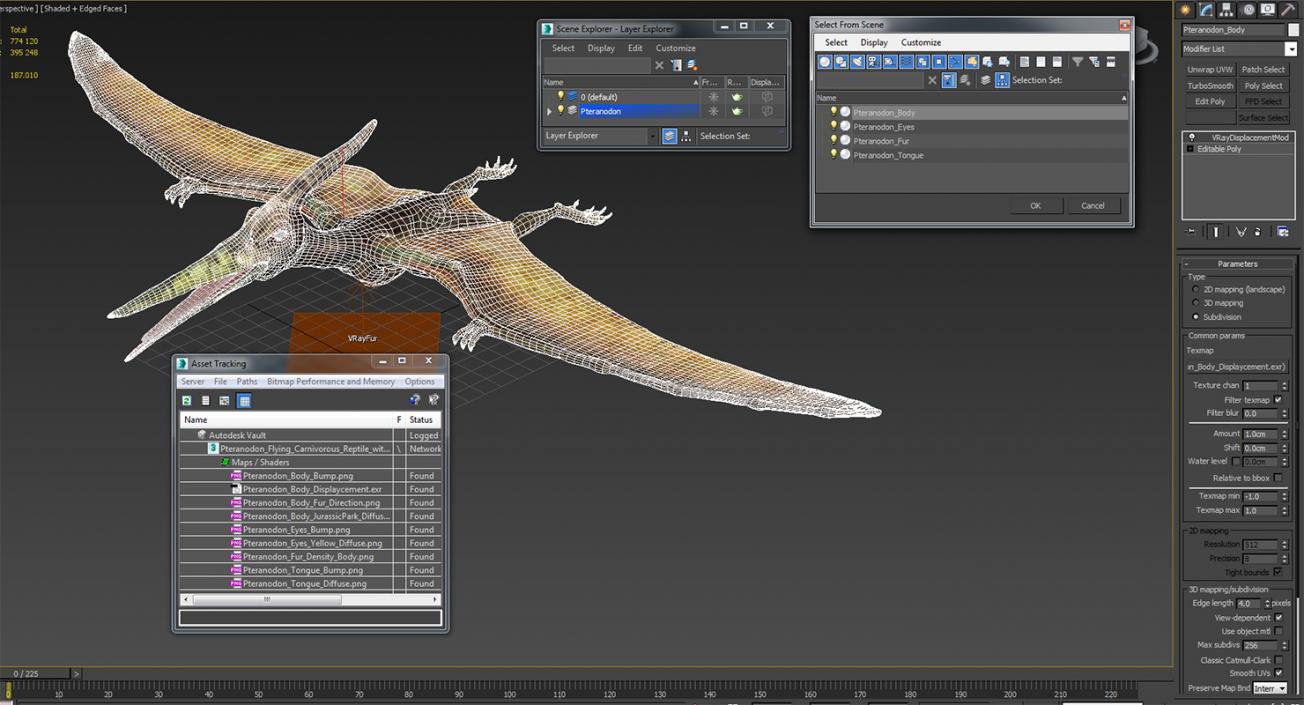 3D Pteranodon Flying Carnivorous Reptile with Fur