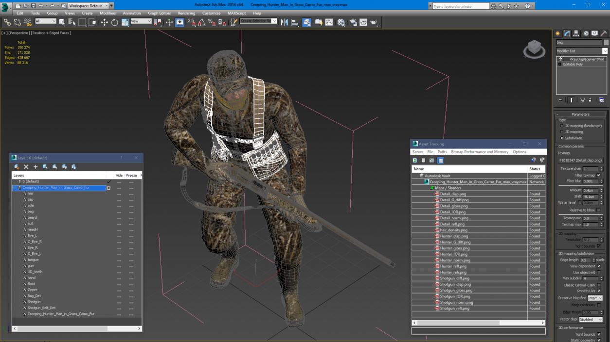 Creeping Hunter Man in Grass Camo Fur 3D