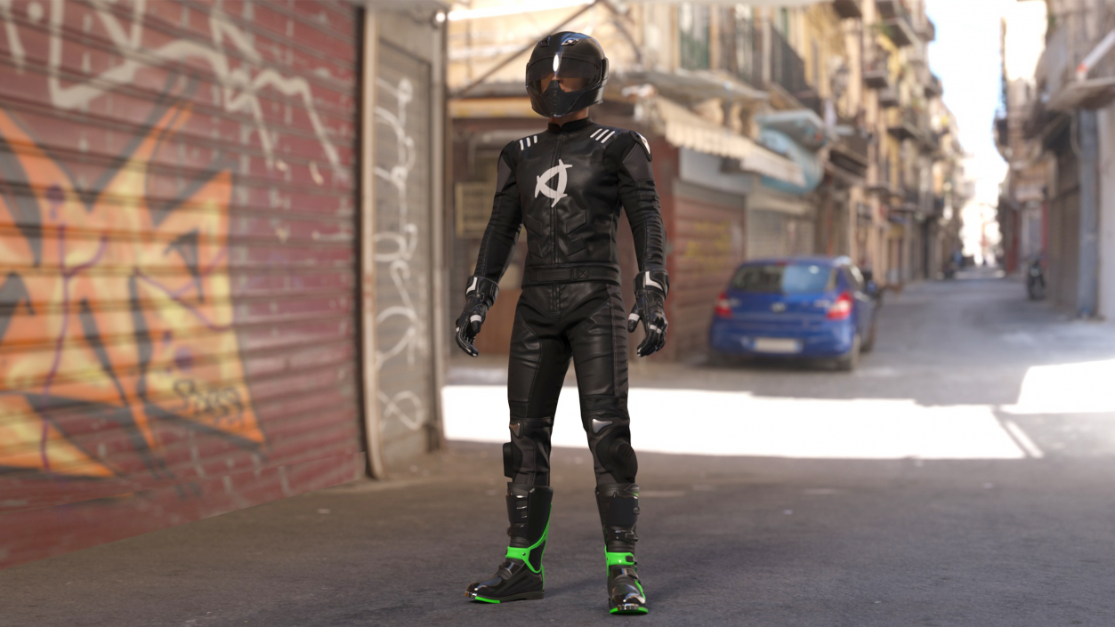 3D Motorcycle Rider in Protective Riding Gear Standing